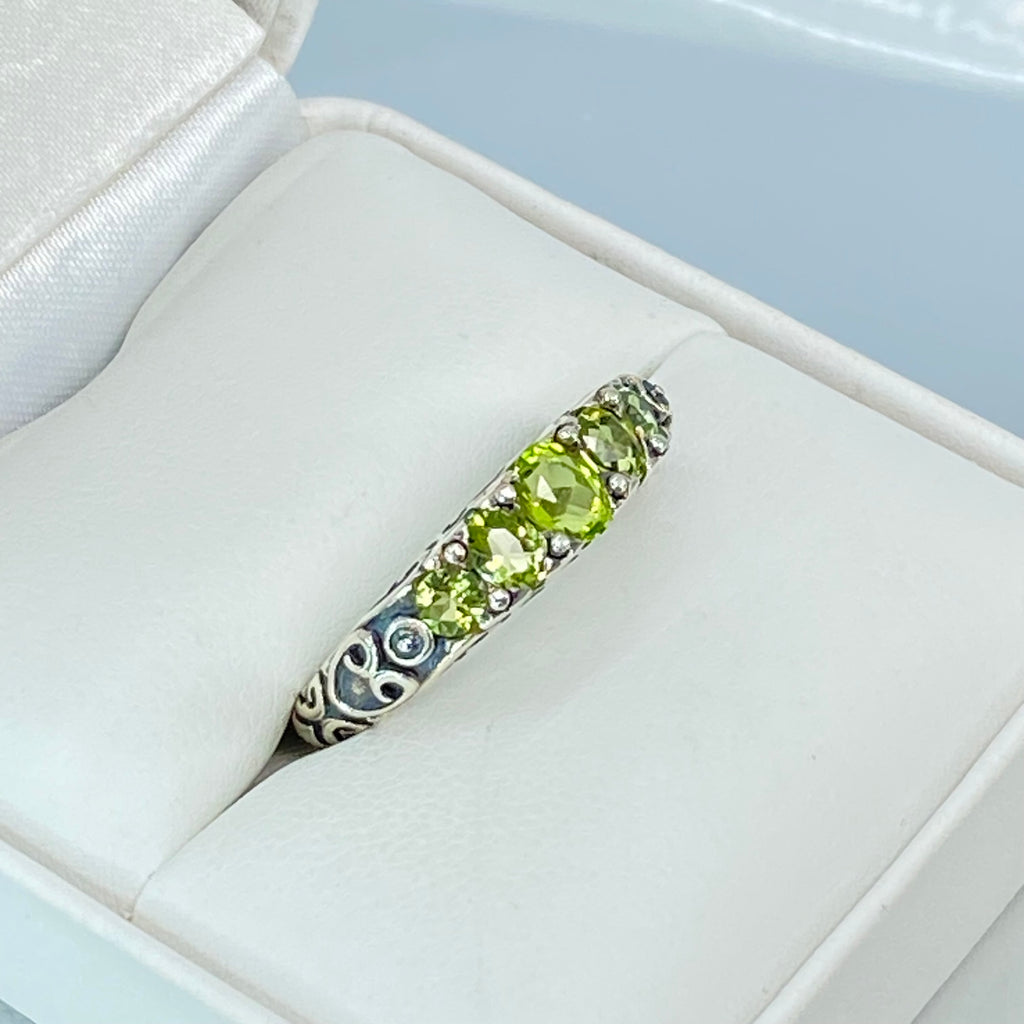 Natural Green Peridot Ring, 5-Gemstone Georgian Ring, Vintage Jewelry, Sterling Silver Filigree, Silver Embrace Jewelry D19