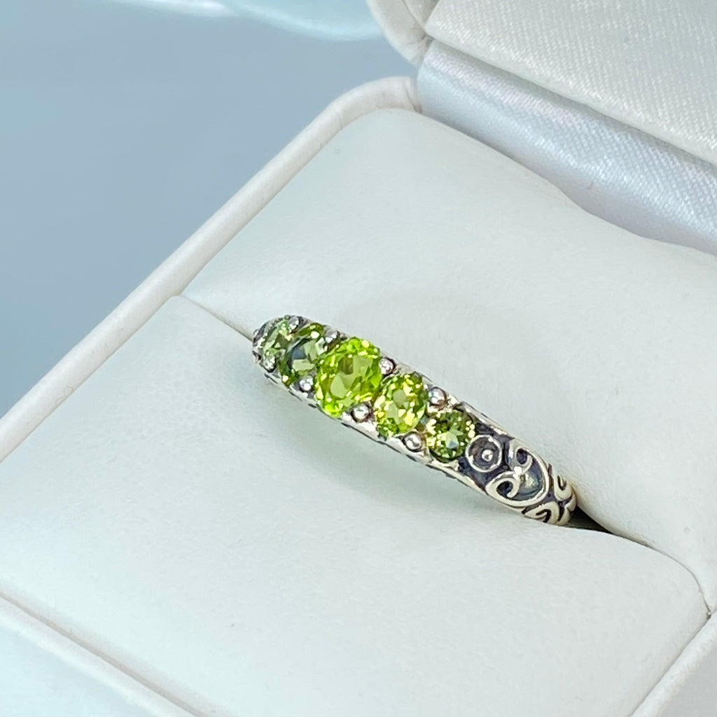 Natural Green Peridot Ring, 5-Gemstone Georgian Ring, Vintage Jewelry, Sterling Silver Filigree, Silver Embrace Jewelry D19