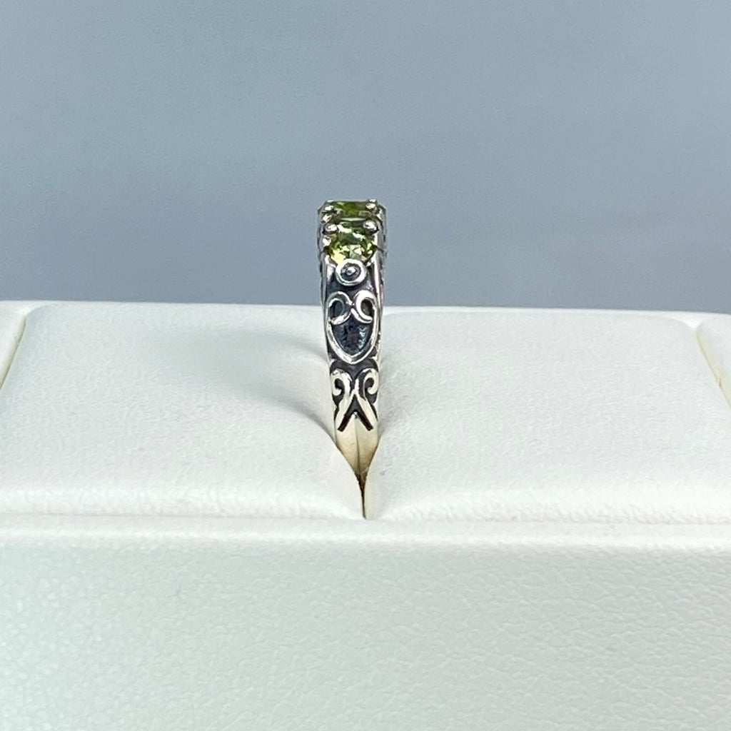 Natural Green Peridot Ring, 5-Gemstone Georgian Ring, Vintage Jewelry, Sterling Silver Filigree, Silver Embrace Jewelry D19