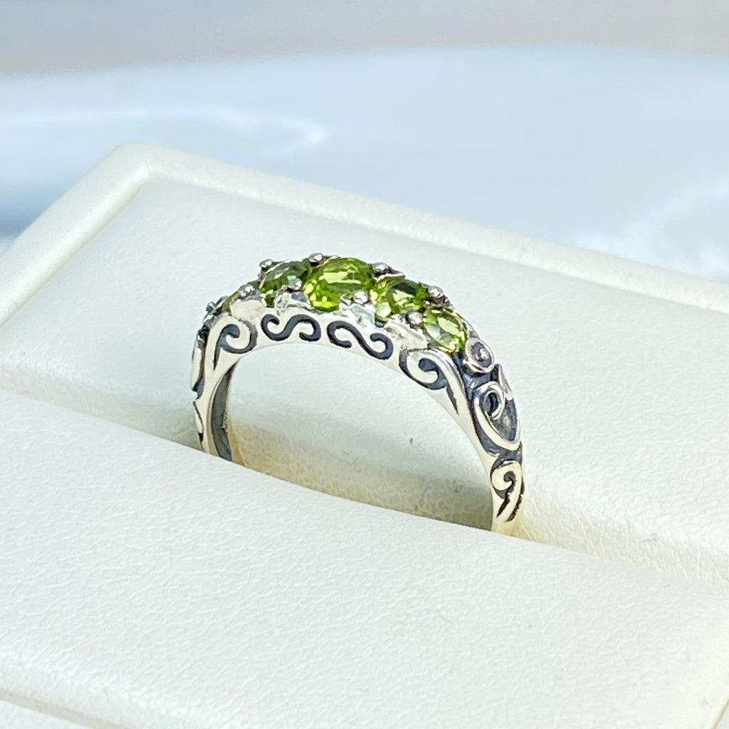 Natural Green Peridot Ring, 5-Gemstone Georgian Ring, Vintage Jewelry, Sterling Silver Filigree, Silver Embrace Jewelry D19