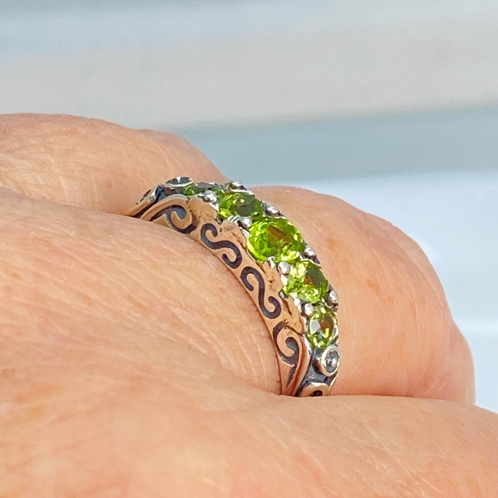 Natural Green Peridot Ring, 5-Gemstone Georgian Ring, Vintage Jewelry, Sterling Silver Filigree, Silver Embrace Jewelry D19