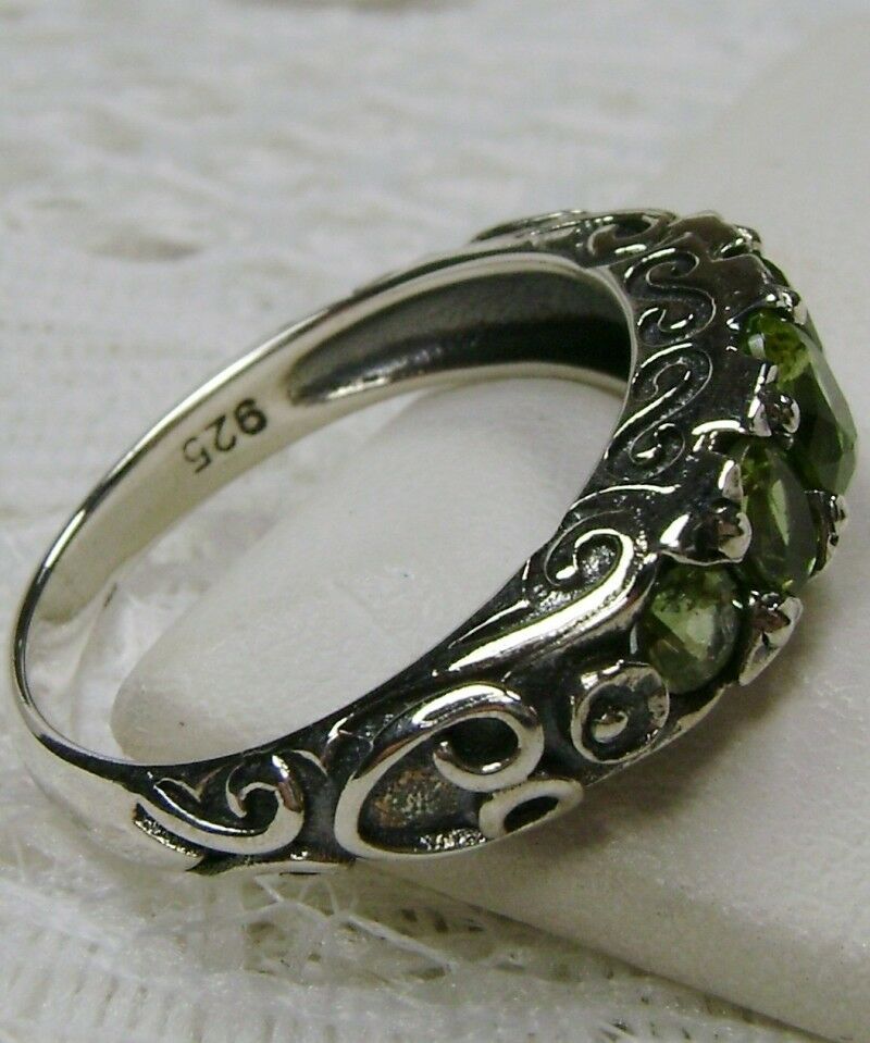 Natural Green Peridot Ring, 5-Gemstone Georgian Ring, Vintage Jewelry, Sterling Silver Filigree, Silver Embrace Jewelry D19