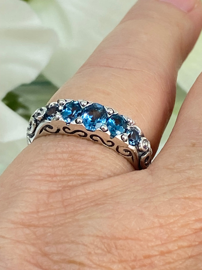 Natural London Blue Georgian Ring, 5-Gemstone Georgian Ring, Vintage Jewelry, Sterling Silver Filigree, Silver Embrace Jewelry D19