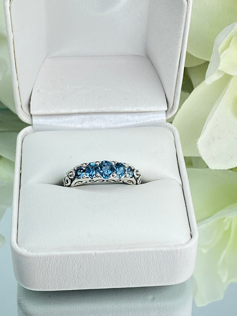 Natural London Blue Georgian Ring, 5-Gemstone Georgian Ring, Vintage Jewelry, Sterling Silver Filigree, Silver Embrace Jewelry D19