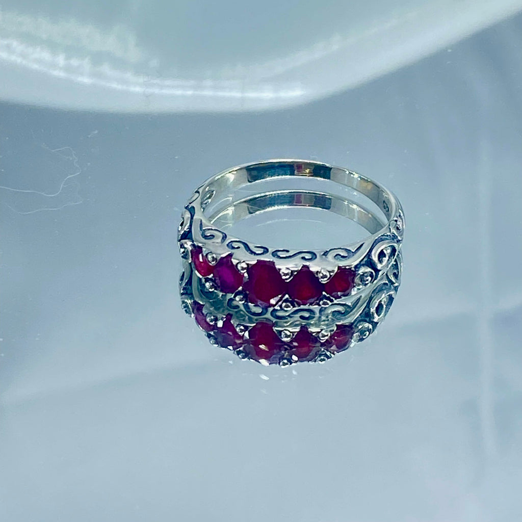 Natural Red Ruby Ring, 5 Gemstone Ring, Vintage Jewelry, Sterling Silver Filigree, Silver Embrace Jewelry D19