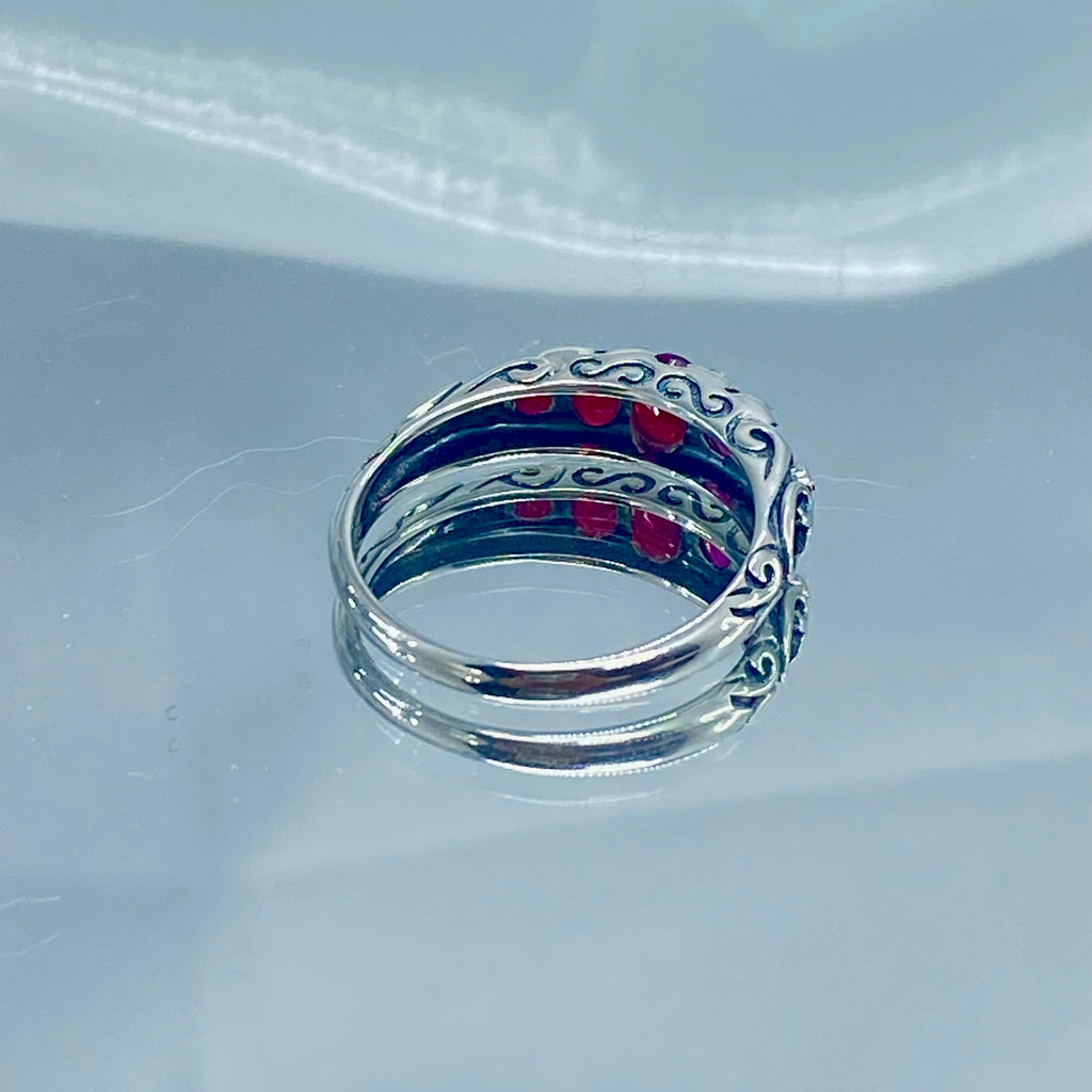 Natural Red Ruby Ring, 5 Gemstone Ring, Vintage Jewelry, Sterling Silver Filigree, Silver Embrace Jewelry D19