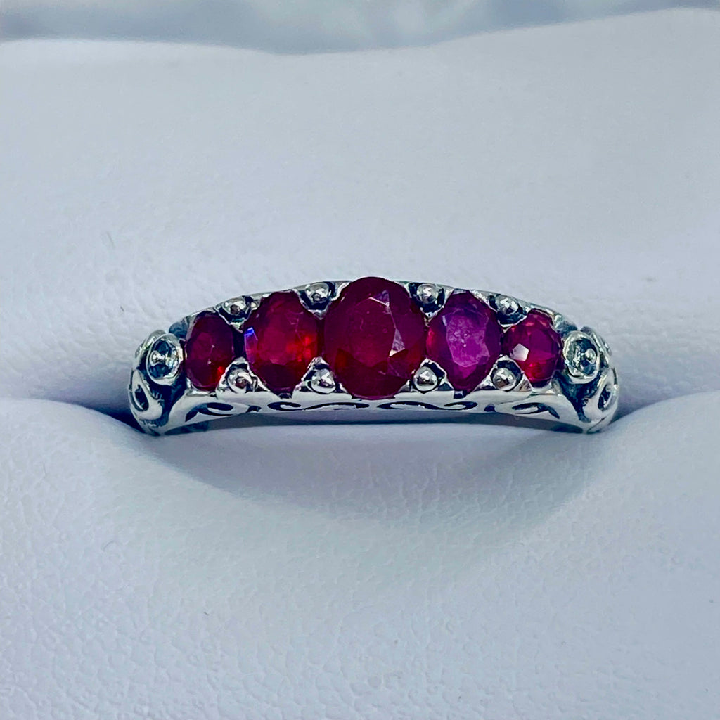 Natural Red Ruby Ring, 5 Gemstone Ring, Vintage Jewelry, Sterling Silver Filigree, Silver Embrace Jewelry D19