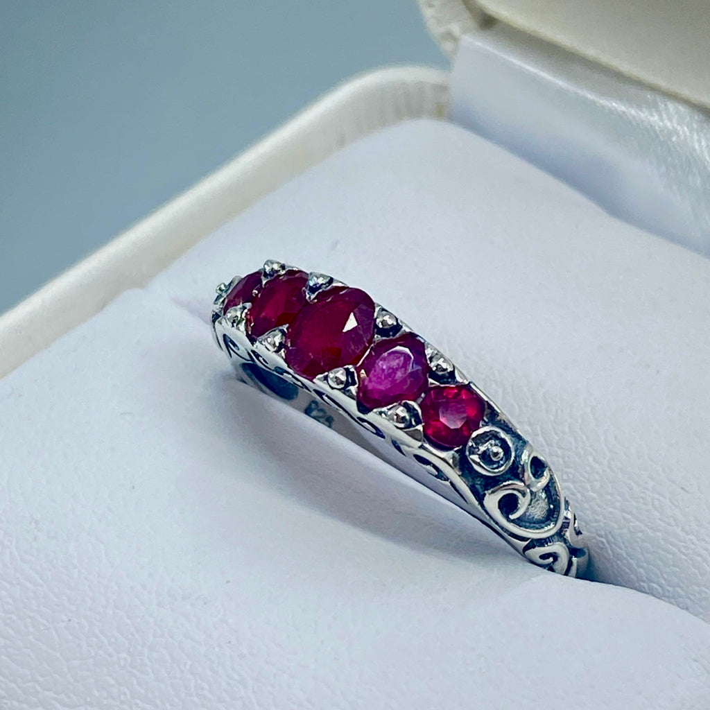 Natural Red Ruby Ring, 5 Gemstone Ring, Vintage Jewelry, Sterling Silver Filigree, Silver Embrace Jewelry D19