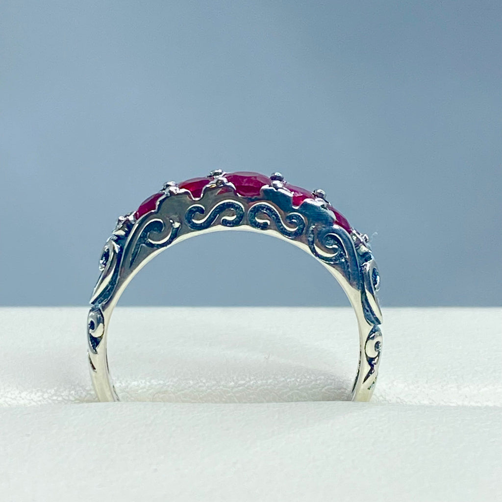 Natural Red Ruby Ring, 5 Gemstone Ring, Vintage Jewelry, Sterling Silver Filigree, Silver Embrace Jewelry D19
