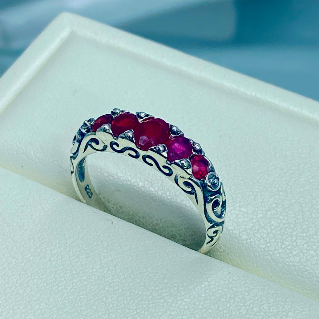 Natural Red Ruby Ring, 5 Gemstone Ring, Vintage Jewelry, Sterling Silver Filigree, Silver Embrace Jewelry D19