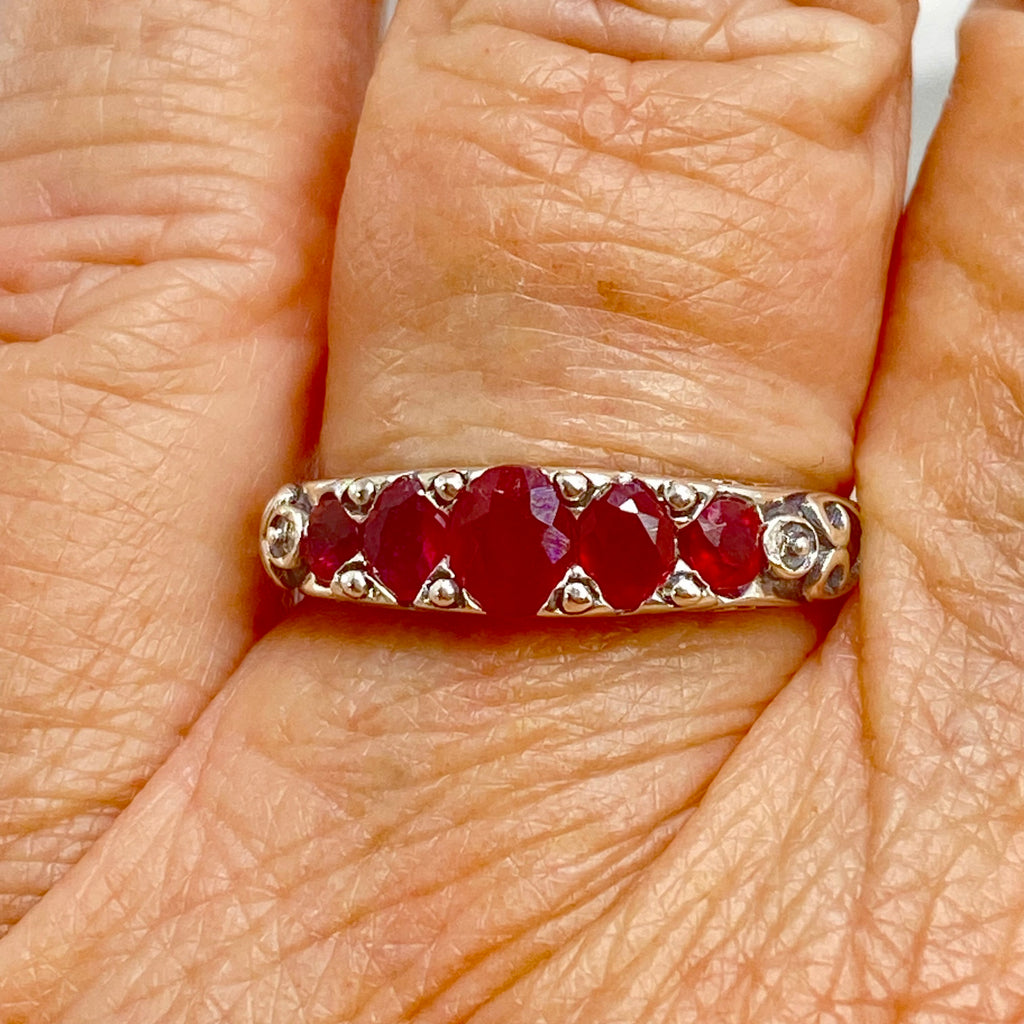 Natural Red Ruby Ring, 5 Gemstone Ring, Vintage Jewelry, Sterling Silver Filigree, Silver Embrace Jewelry D19
