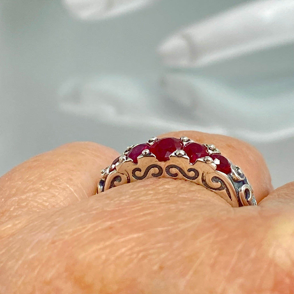 Natural Red Ruby Ring, 5 Gemstone Ring, Vintage Jewelry, Sterling Silver Filigree, Silver Embrace Jewelry D19