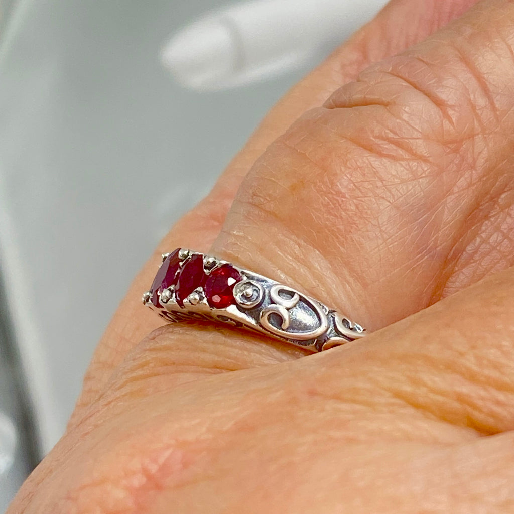 Natural Red Ruby Ring, 5 Gemstone Ring, Vintage Jewelry, Sterling Silver Filigree, Silver Embrace Jewelry D19