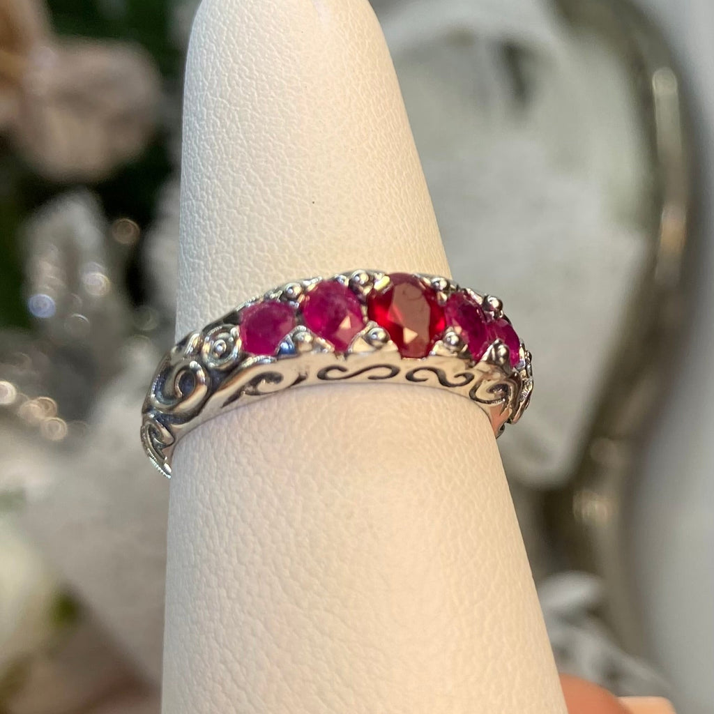 natural Red Ruby Ring, 5 Gemstone Ring, Vintage Jewelry, Sterling Silver Filigree, Silver Embrace Jewelry D19