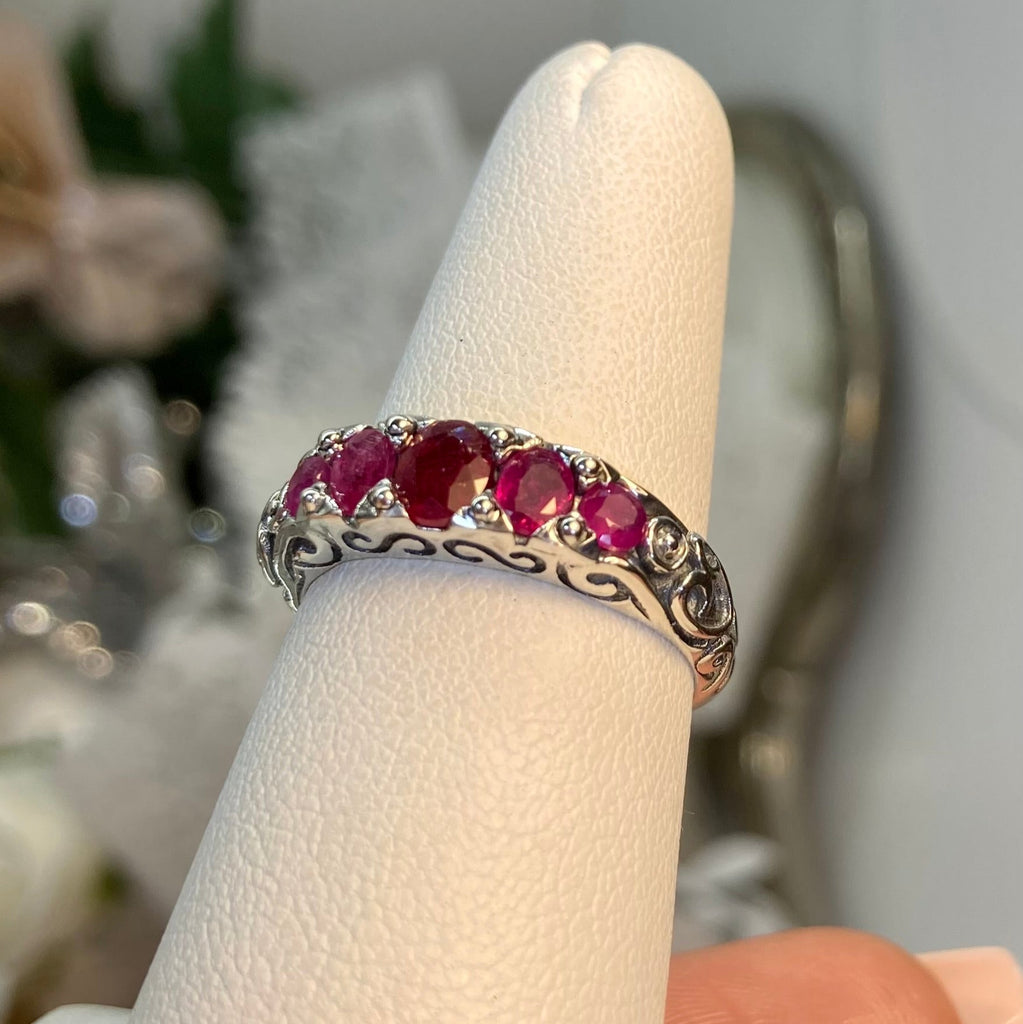 natural Red Ruby Ring, 5 Gemstone Ring, Vintage Jewelry, Sterling Silver Filigree, Silver Embrace Jewelry D19