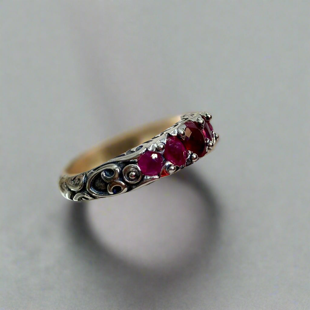 natural Red Ruby Ring, 5 Gemstone Ring, Vintage Jewelry, Sterling Silver Filigree, Silver Embrace Jewelry D19