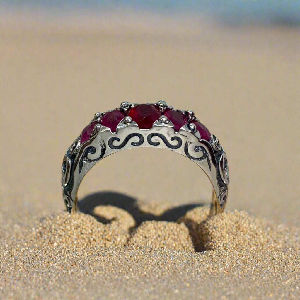 natural Red Ruby Ring, 5 Gemstone Ring, Vintage Jewelry, Sterling Silver Filigree, Silver Embrace Jewelry D19