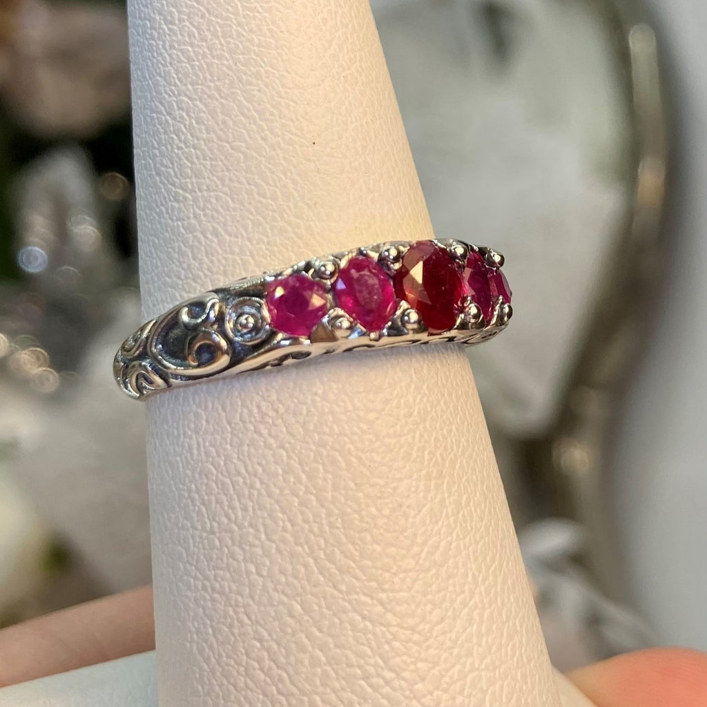 natural Red Ruby Ring, 5 Gemstone Ring, Vintage Jewelry, Sterling Silver Filigree, Silver Embrace Jewelry D19