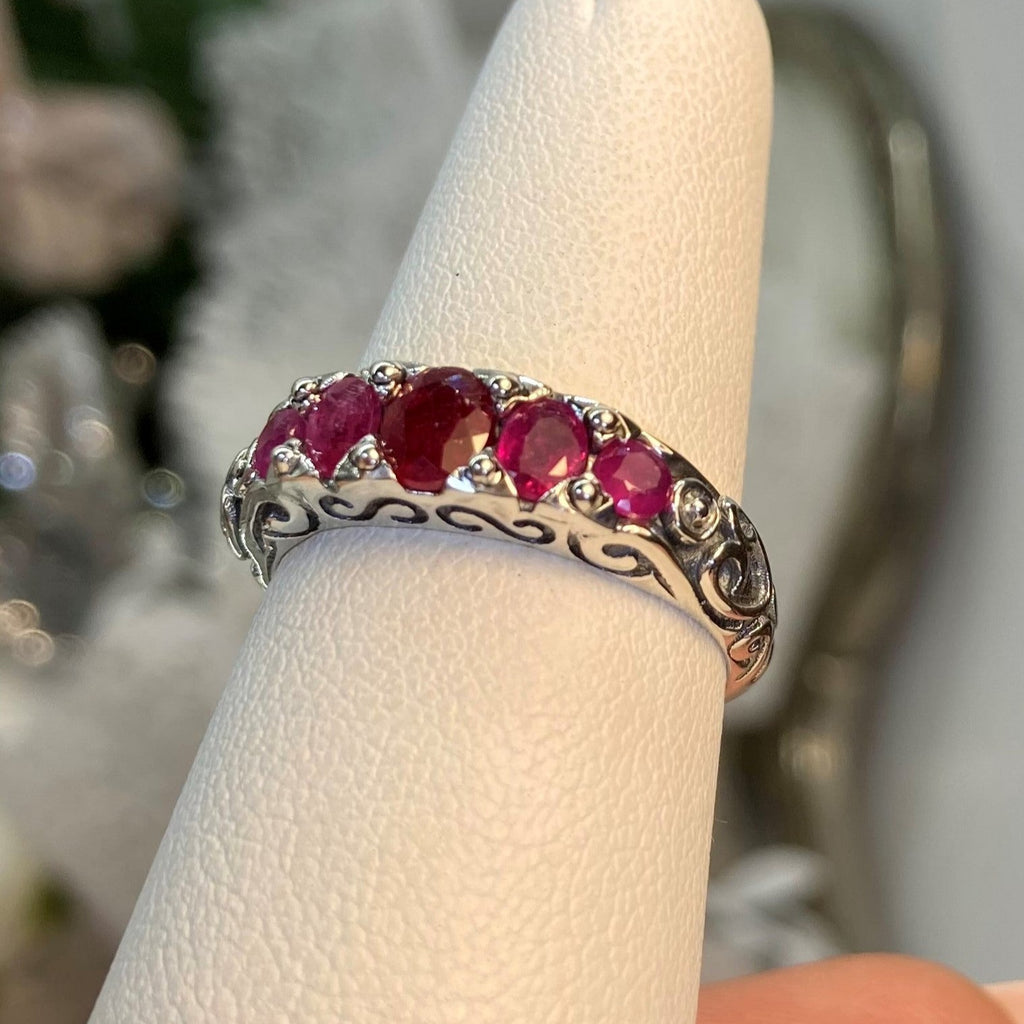 natural Red Ruby Ring, 5 Gemstone Ring, Vintage Jewelry, Sterling Silver Filigree, Silver Embrace Jewelry D19