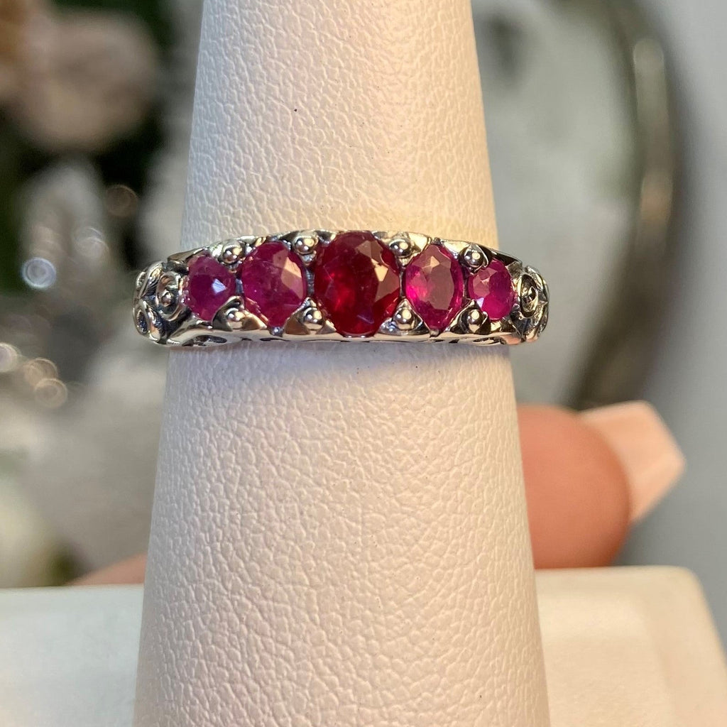 natural Red Ruby Ring, 5 Gemstone Ring, Vintage Jewelry, Sterling Silver Filigree, Silver Embrace Jewelry D19