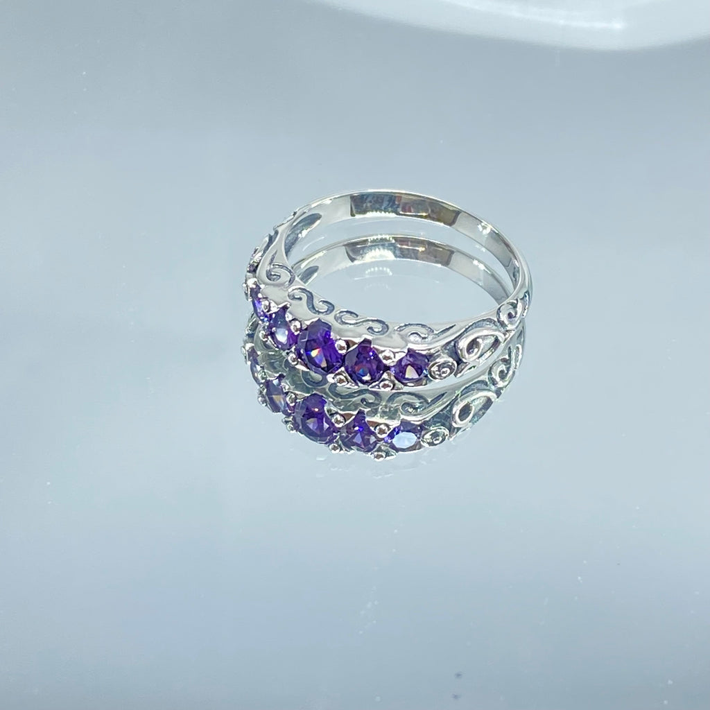 Silver ring with purple gemstones on a mirror, Amethyst Ring, CZ gemstones, Sterling silver filigree, silver Embrace Jewelry, Georgian design, D19