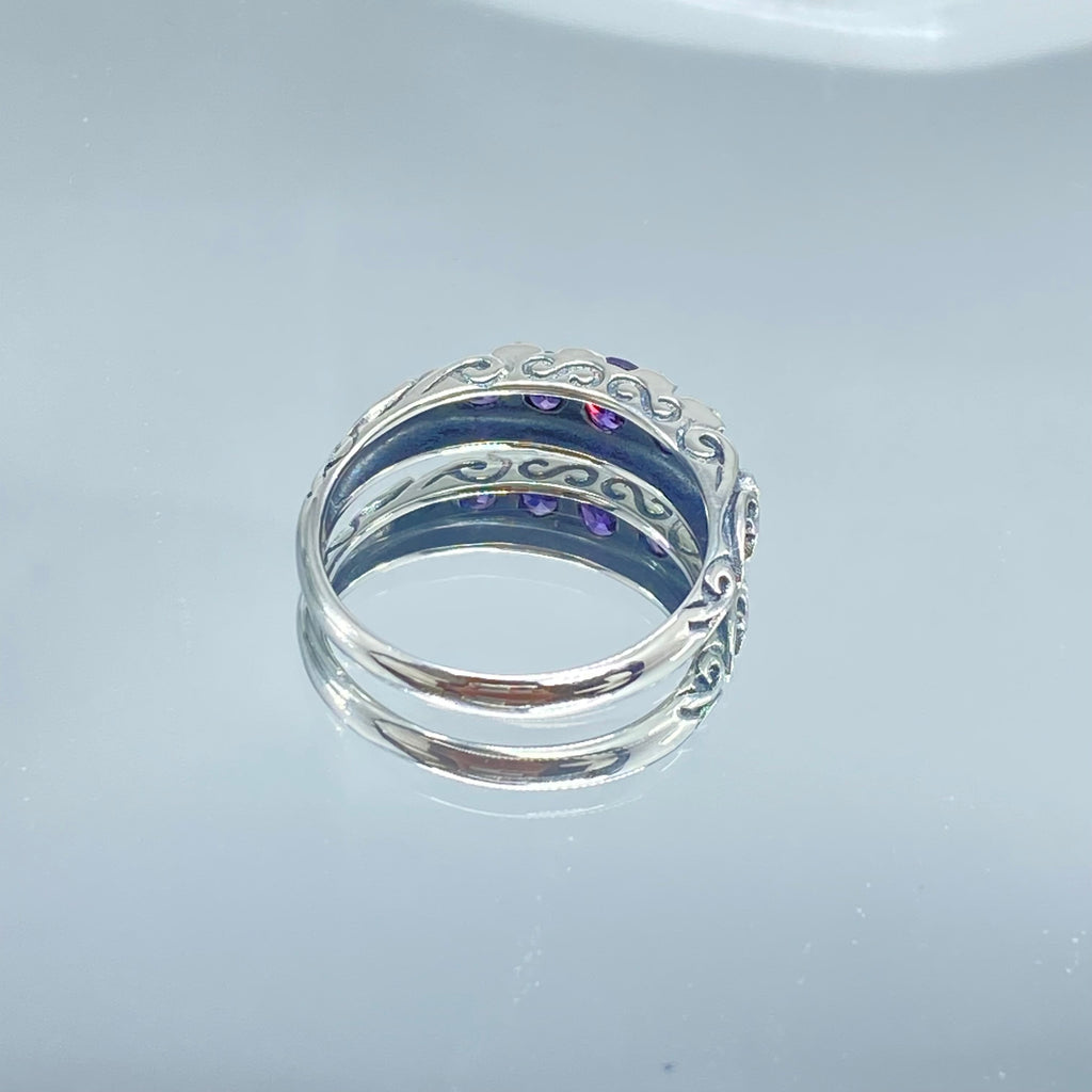 Silver ring with purple gemstones on a mirror, Amethyst Ring, CZ gemstones, Sterling silver filigree, silver Embrace Jewelry, Georgian design, D19