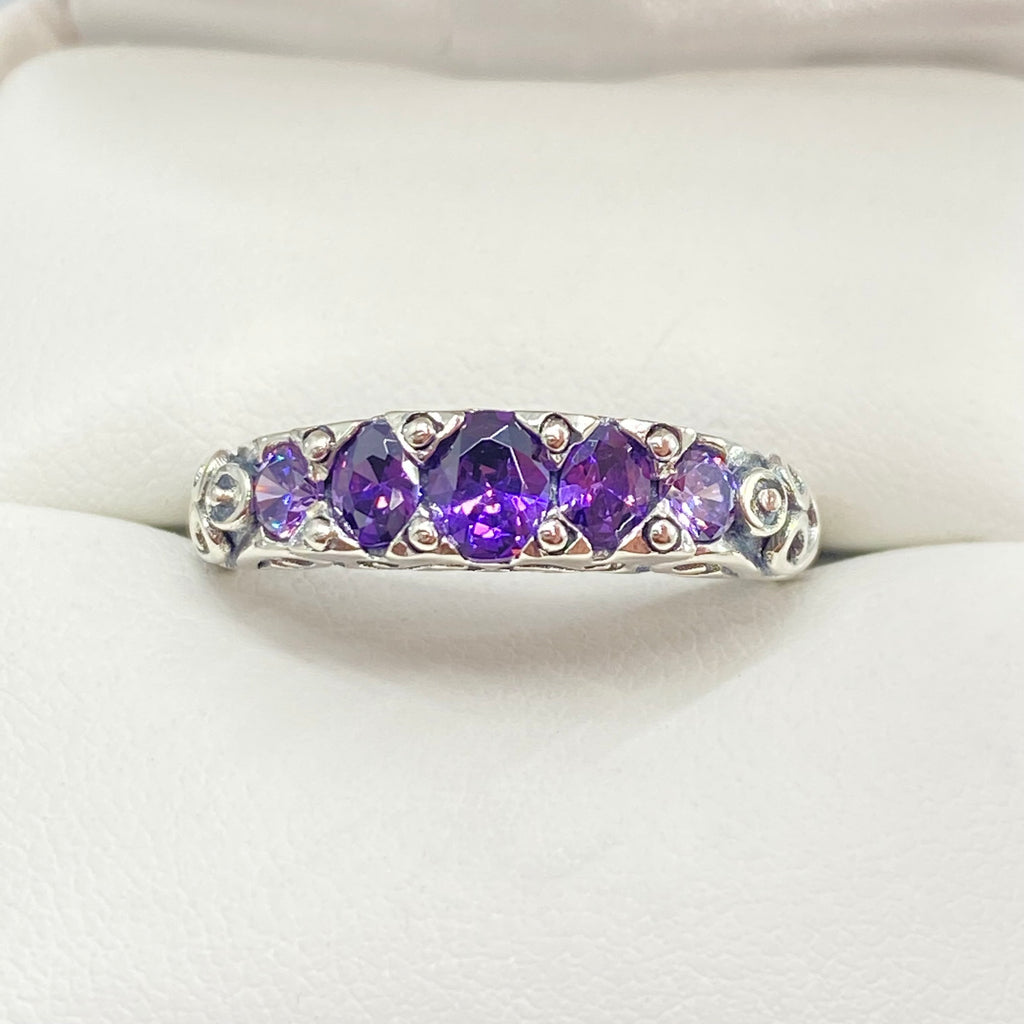Silver ring with purple gemstones on a white cushion, Amethyst Ring, CZ gemstones, Sterling silver filigree, silver Embrace Jewelry, Georgian design, D19