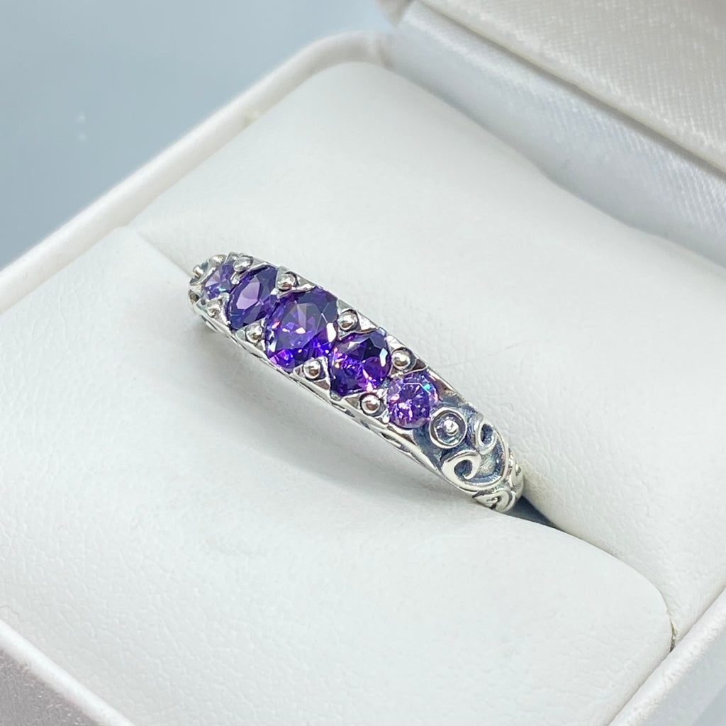 Silver ring with purple gemstones in a white jewelry box, Amethyst Ring, CZ gemstones, Sterling silver filigree, silver Embrace Jewelry, Georgian design, D19