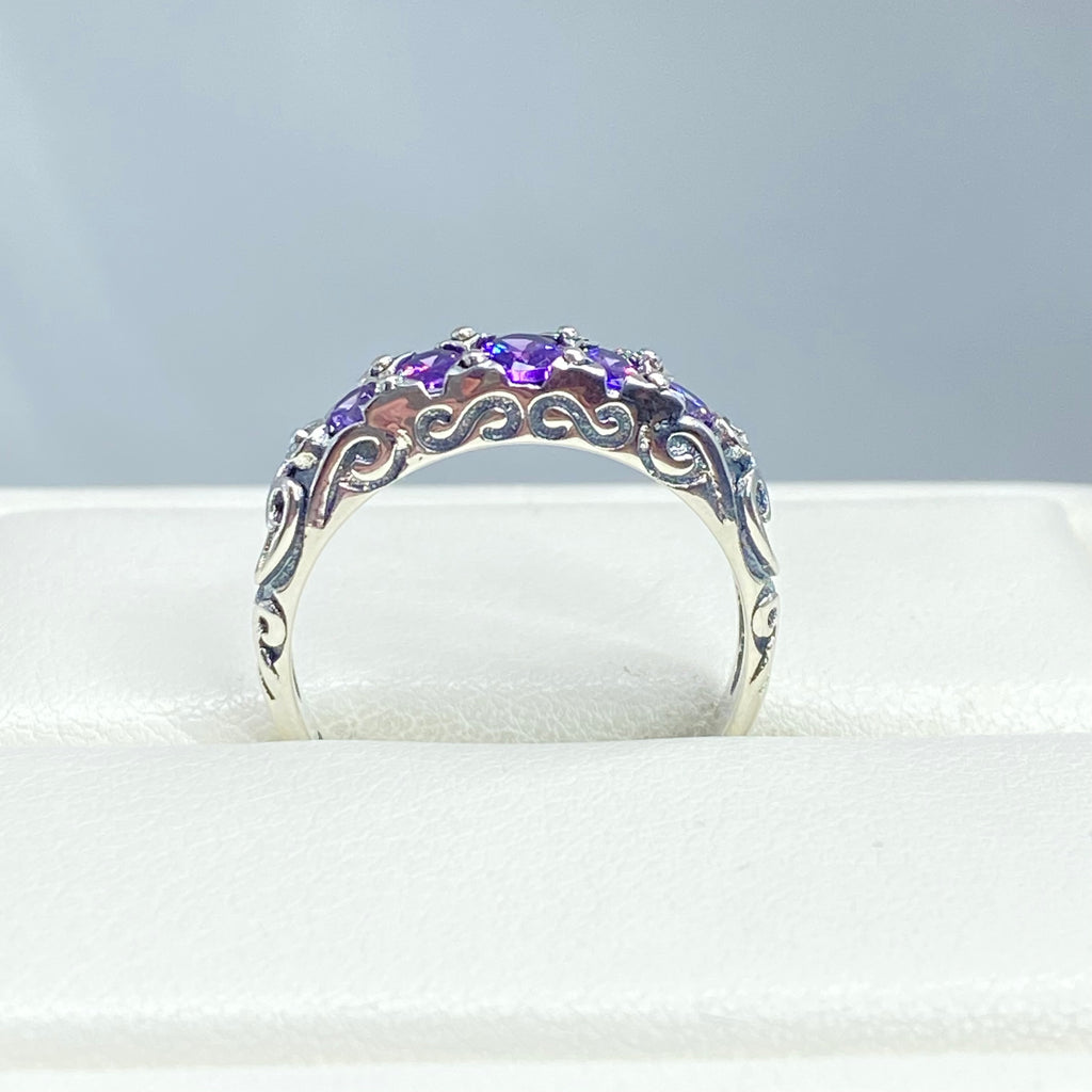 Silver ring with purple gemstones on a white cushion, Amethyst Ring, CZ gemstones, Sterling silver filigree, silver Embrace Jewelry, Georgian design, D19