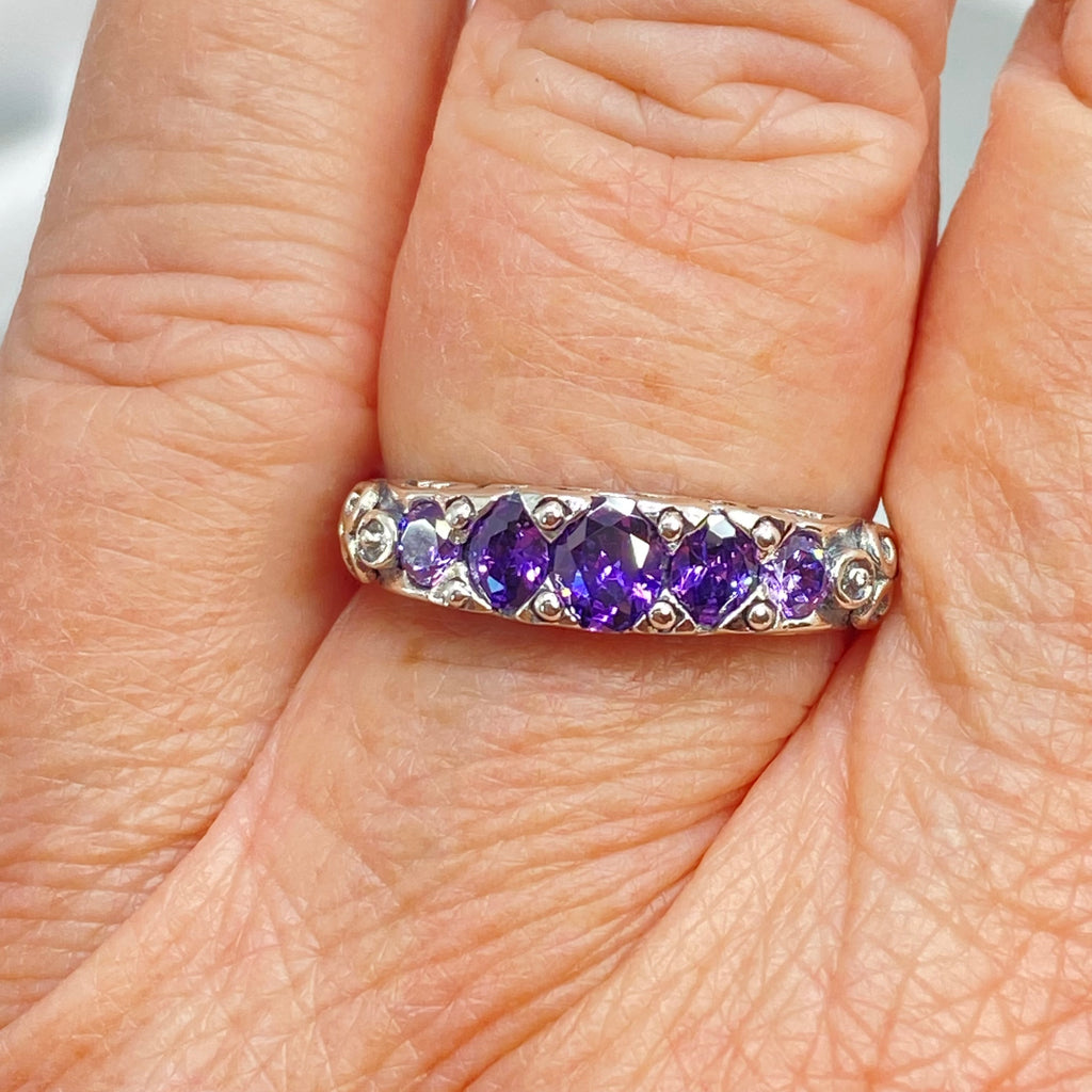 Silver ring with purple gemstones on a hand, Amethyst Ring, CZ gemstones, Sterling silver filigree, silver Embrace Jewelry, Georgian design, D19