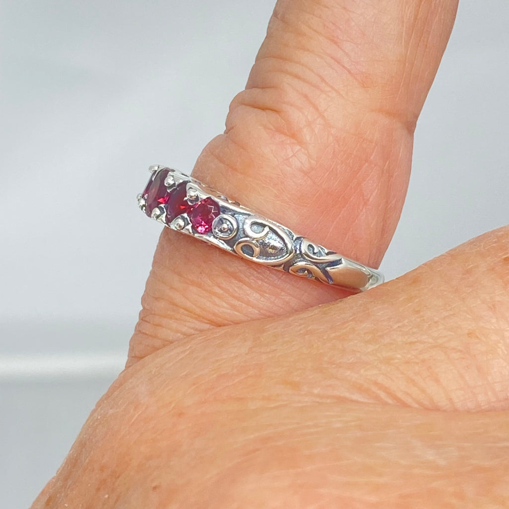 Red Ruby Ring, 5 Gemstone Ring, Vintage Jewelry, Sterling Silver Filigree, Silver Embrace Jewelry D19