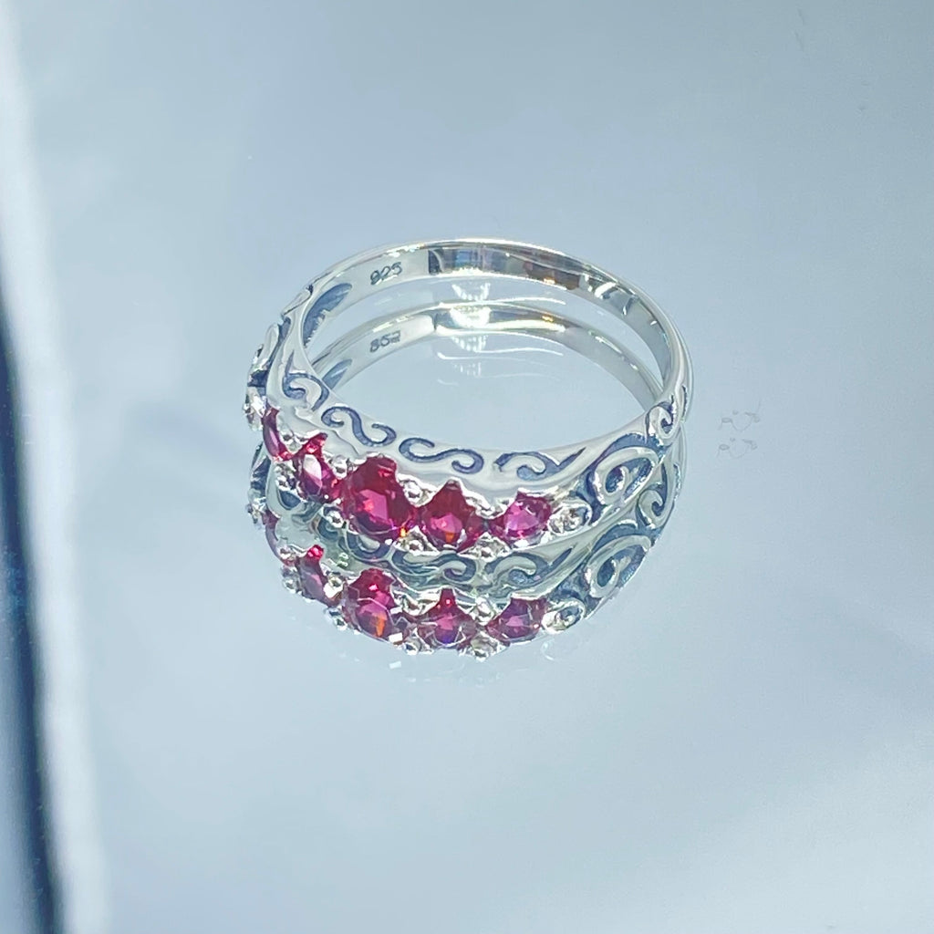 Red Ruby Ring, 5 Gemstone Ring, Vintage Jewelry, Sterling Silver Filigree, Silver Embrace Jewelry D19