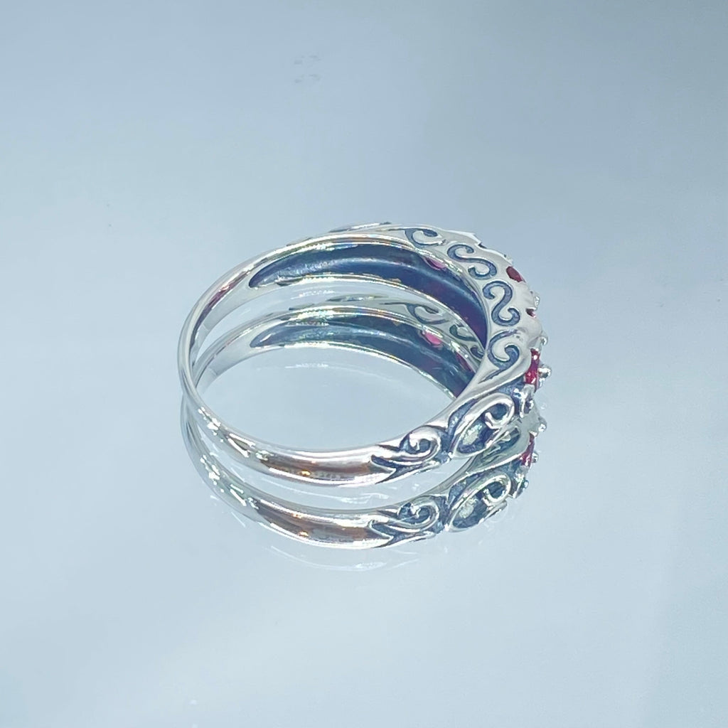 Red Ruby Ring, 5 Gemstone Ring, Vintage Jewelry, Sterling Silver Filigree, Silver Embrace Jewelry D19