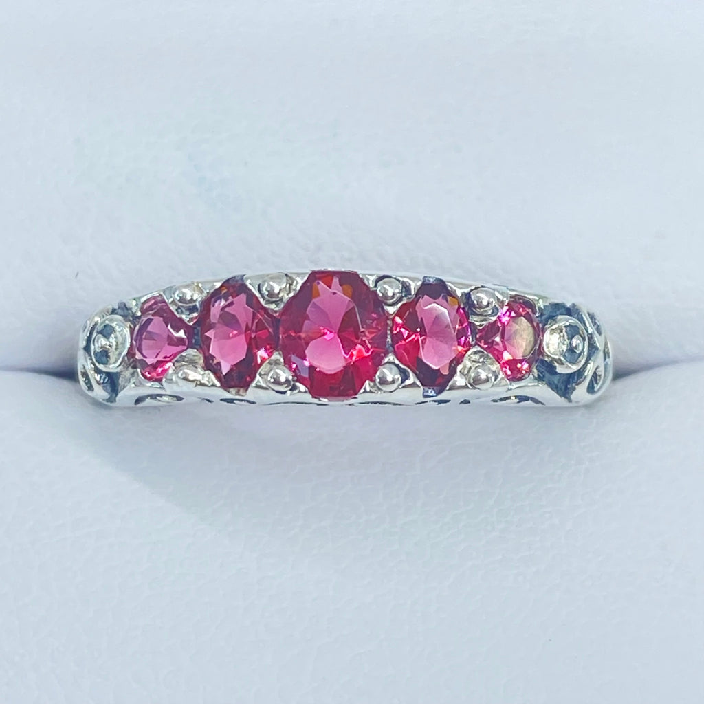 Red Ruby Ring, 5 Gemstone Ring, Vintage Jewelry, Sterling Silver Filigree, Silver Embrace Jewelry D19