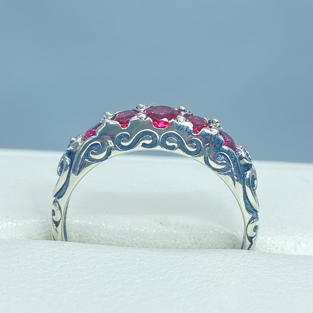 Red Ruby Ring, 5 Gemstone Ring, Vintage Jewelry, Sterling Silver Filigree, Silver Embrace Jewelry D19