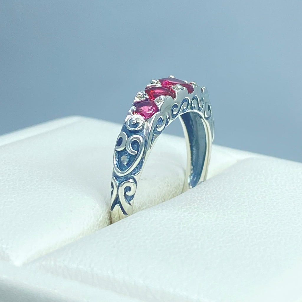 Red Ruby Ring, 5 Gemstone Ring, Vintage Jewelry, Sterling Silver Filigree, Silver Embrace Jewelry D19