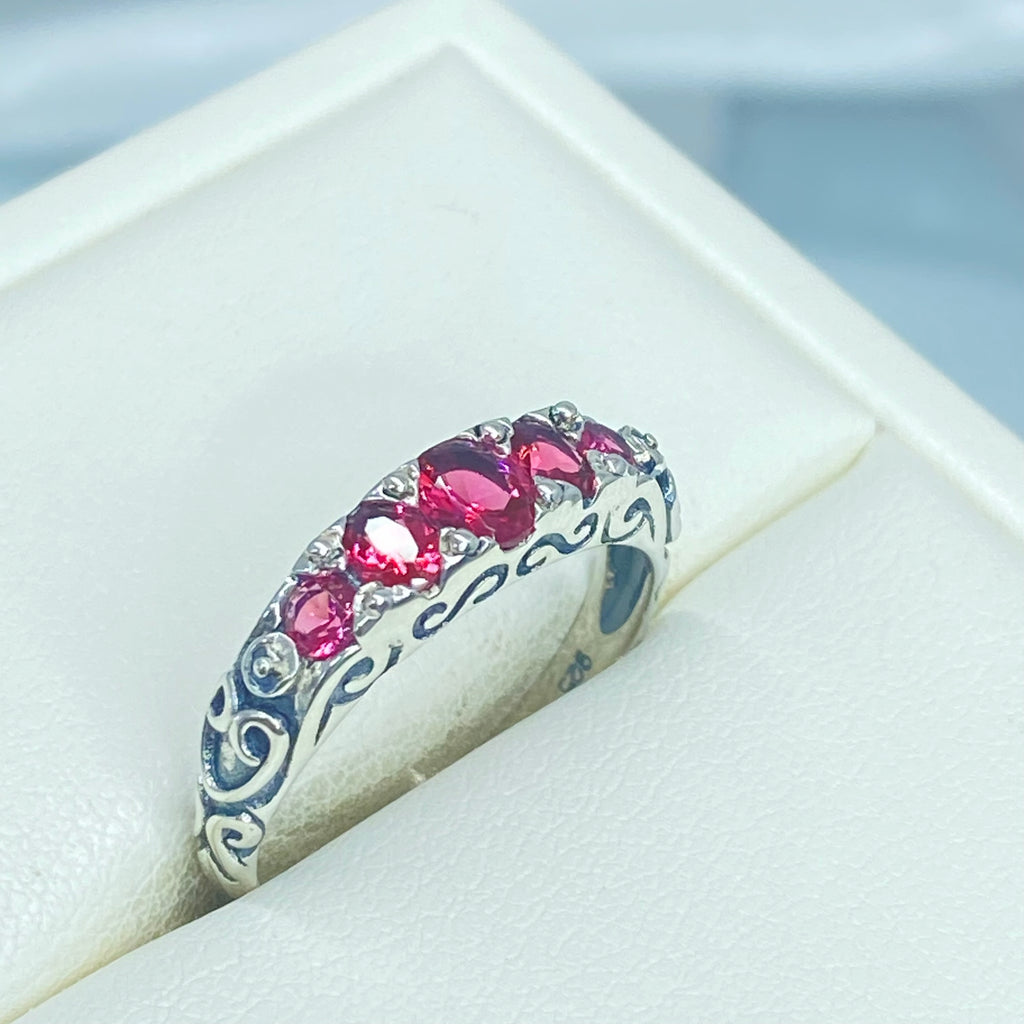 Red Ruby Ring, 5 Gemstone Ring, Vintage Jewelry, Sterling Silver Filigree, Silver Embrace Jewelry D19
