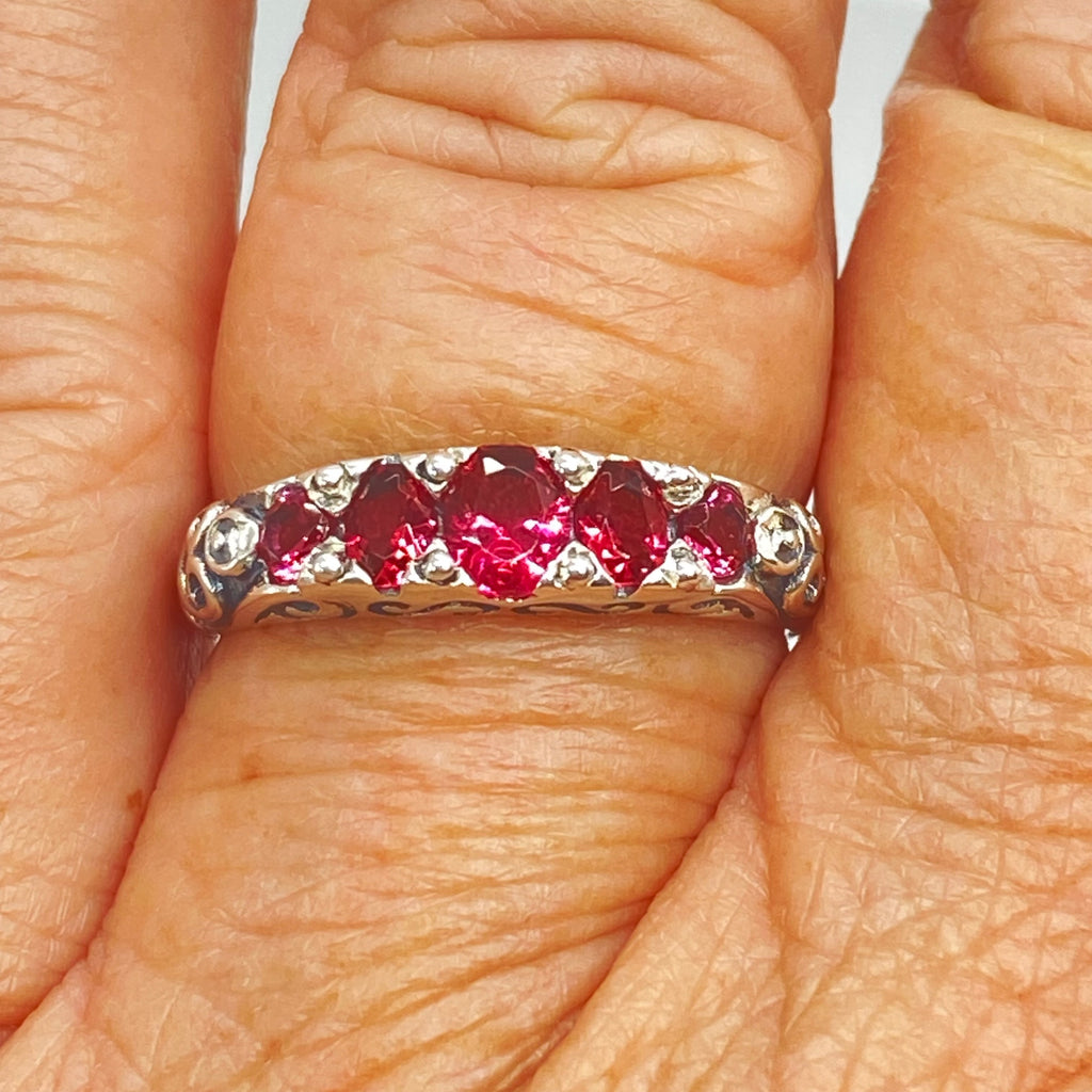 Red Ruby Ring, 5 Gemstone Ring, Vintage Jewelry, Sterling Silver Filigree, Silver Embrace Jewelry D19