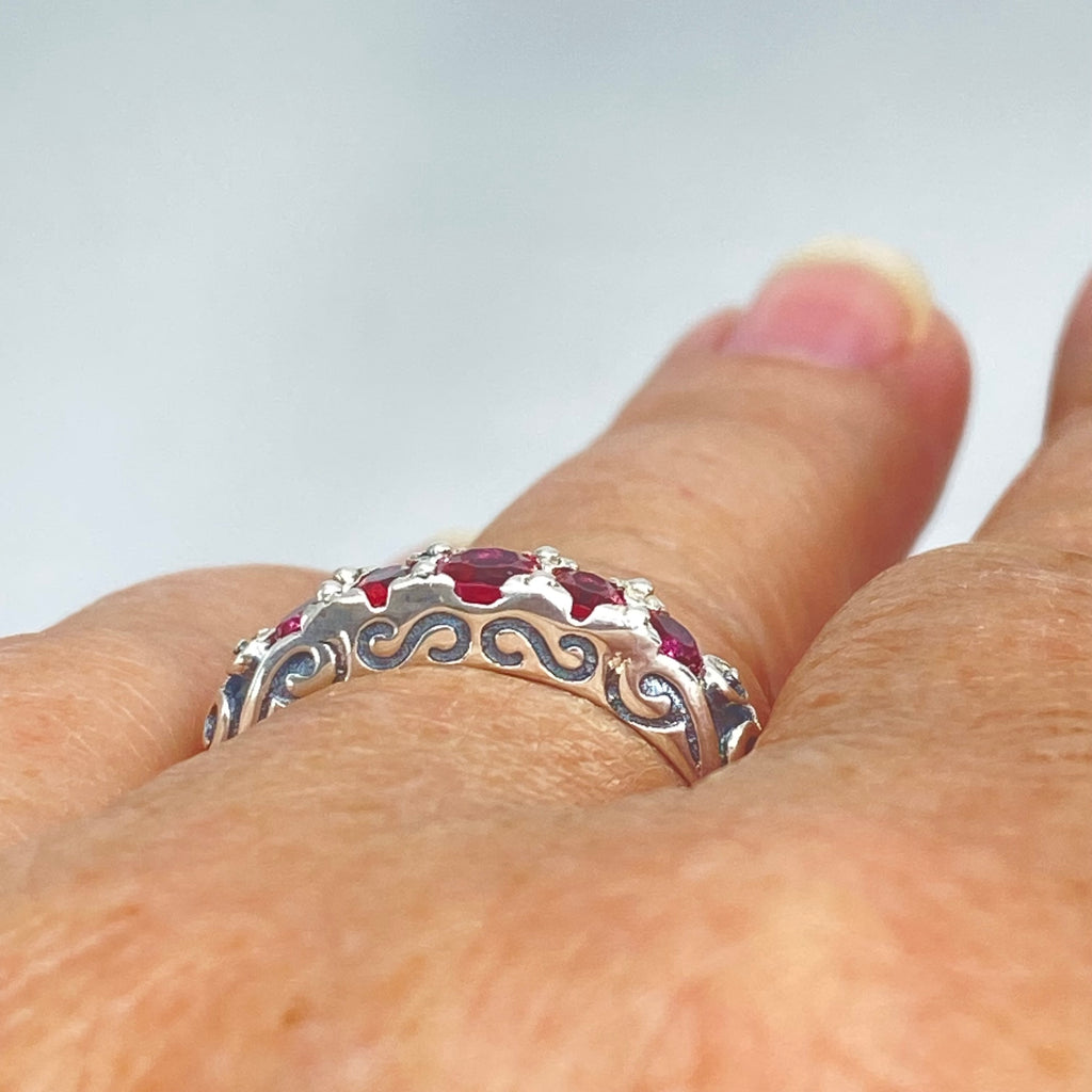 Red Ruby Ring, 5 Gemstone Ring, Vintage Jewelry, Sterling Silver Filigree, Silver Embrace Jewelry D19