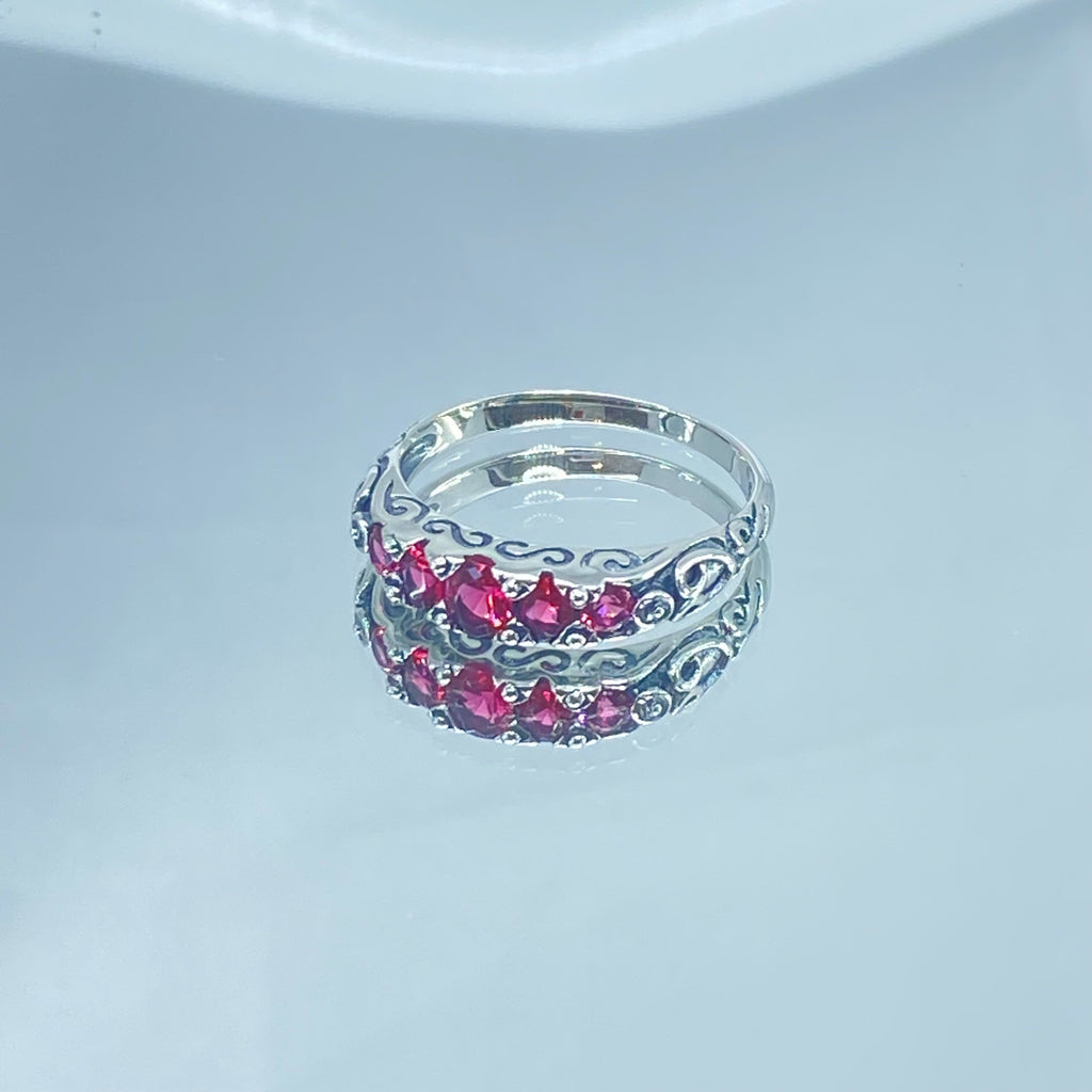 Red Ruby Ring, 5 Gemstone Ring, Vintage Jewelry, Sterling Silver Filigree, Silver Embrace Jewelry D19