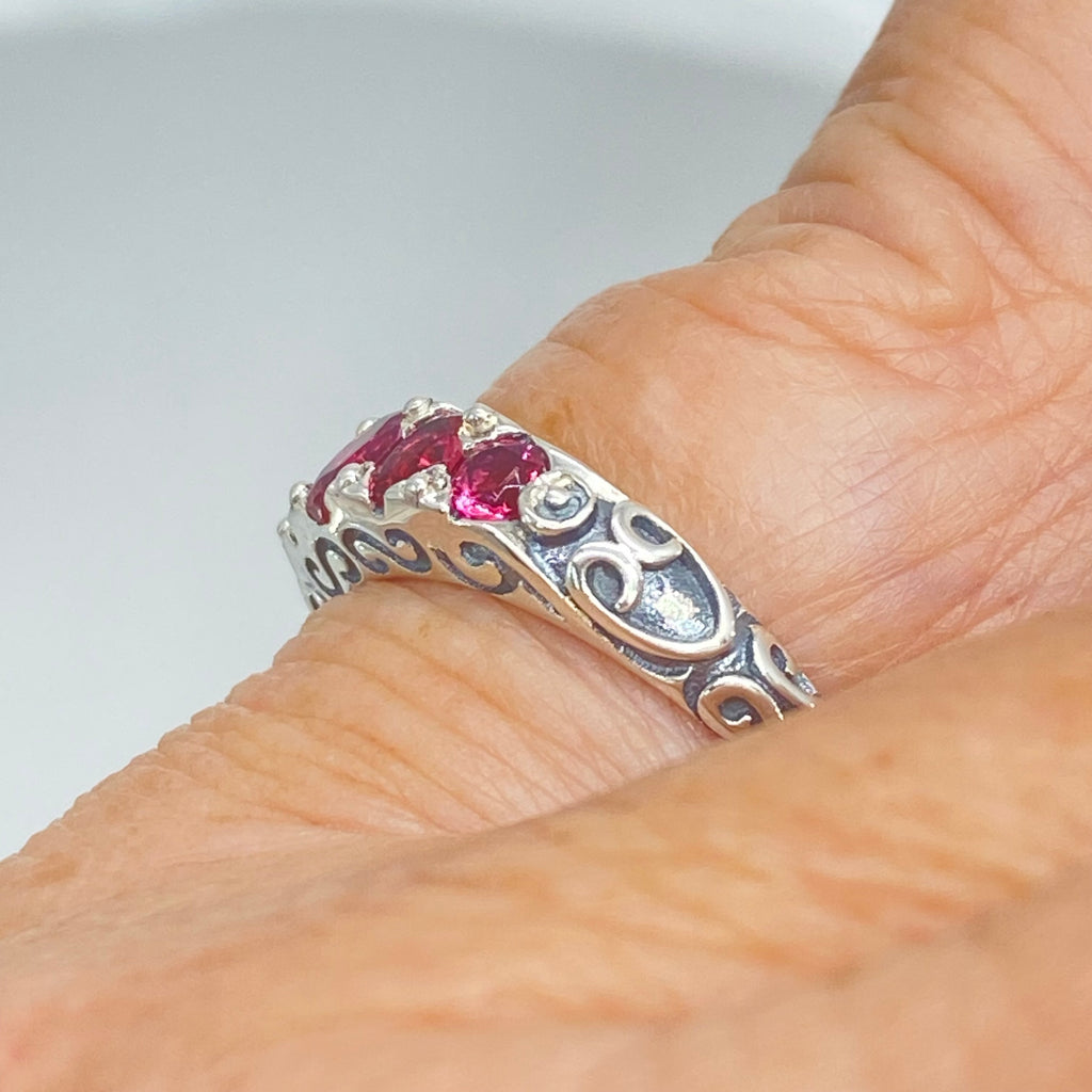 Red Ruby Ring, 5 Gemstone Ring, Vintage Jewelry, Sterling Silver Filigree, Silver Embrace Jewelry D19