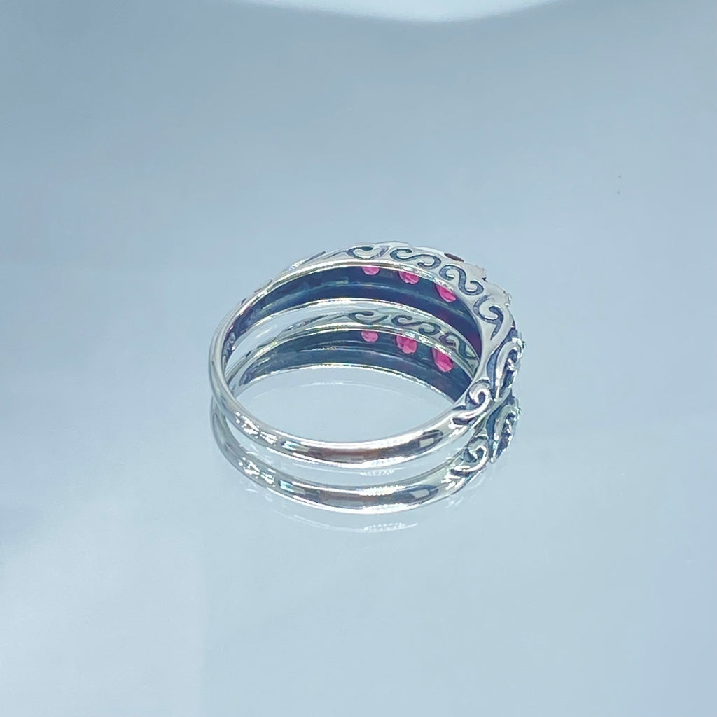 Red Ruby Ring, 5 Gemstone Ring, Vintage Jewelry, Sterling Silver Filigree, Silver Embrace Jewelry D19