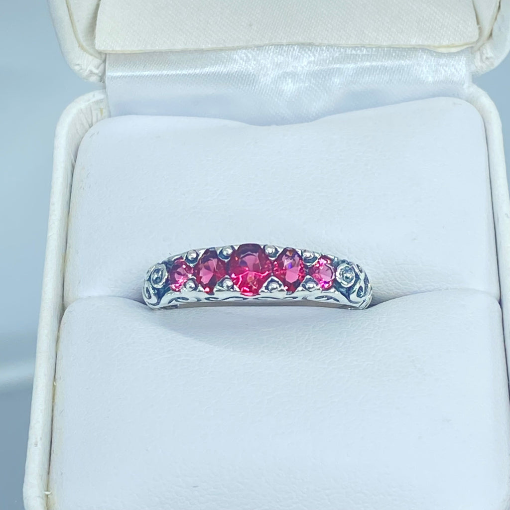 Red Ruby Ring, 5 Gemstone Ring, Vintage Jewelry, Sterling Silver Filigree, Silver Embrace Jewelry D19