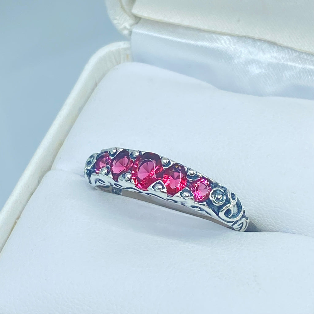 Red Ruby Ring, 5 Gemstone Ring, Vintage Jewelry, Sterling Silver Filigree, Silver Embrace Jewelry D19