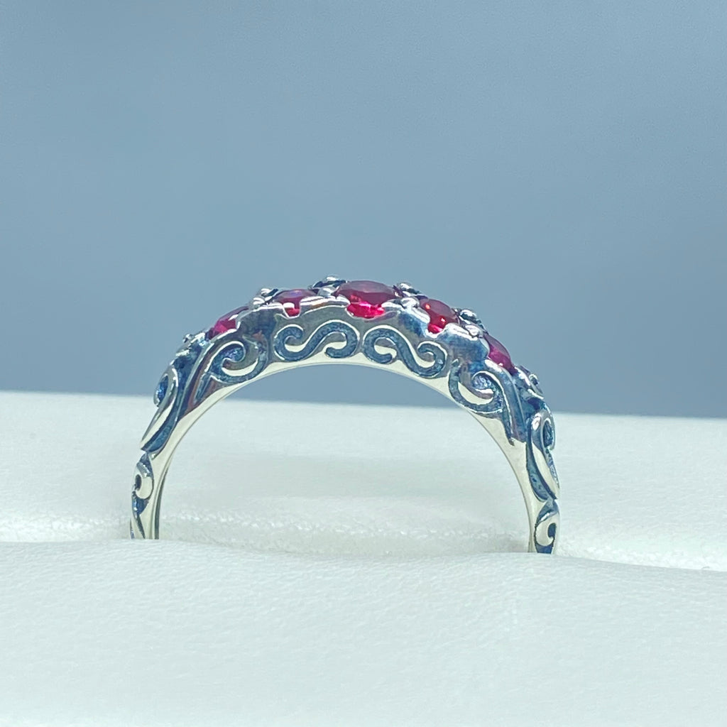 Red Ruby Ring, 5 Gemstone Ring, Vintage Jewelry, Sterling Silver Filigree, Silver Embrace Jewelry D19