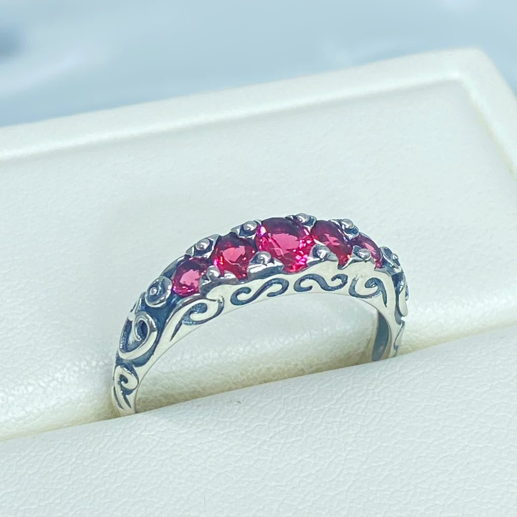 Red Ruby Ring, 5 Gemstone Ring, Vintage Jewelry, Sterling Silver Filigree, Silver Embrace Jewelry D19