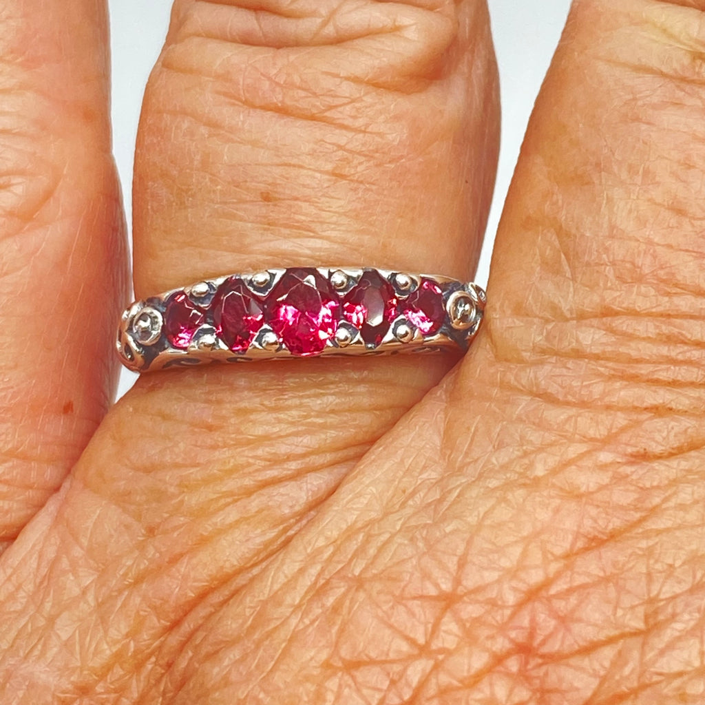 Red Ruby Ring, 5 Gemstone Ring, Vintage Jewelry, Sterling Silver Filigree, Silver Embrace Jewelry D19