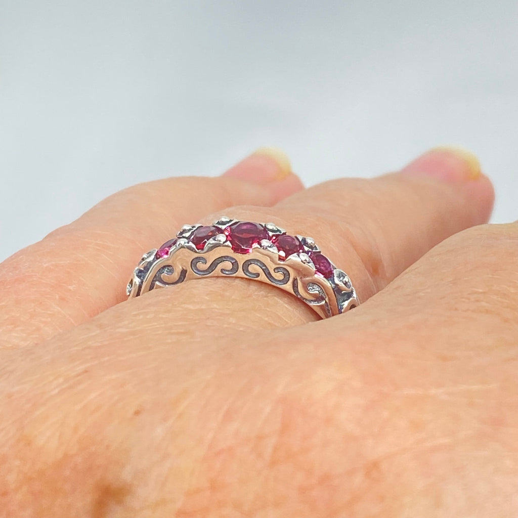 Red Ruby Ring, 5 Gemstone Ring, Vintage Jewelry, Sterling Silver Filigree, Silver Embrace Jewelry D19