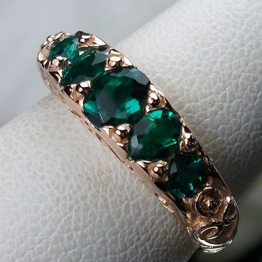 Natural Green Emerald Ring, 5-gem Georgian Rose Gold plated over sterling silver, Victorian Jewelry, Silver Embrace Jewelry, Vintage Ring, D19 Georgian