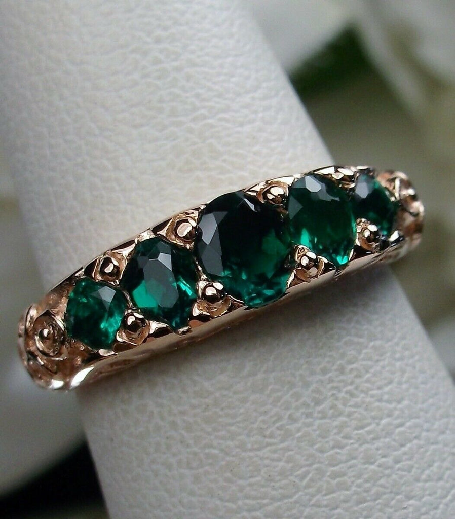 Natural Green Emerald Ring, 5-gem Georgian Rose Gold plated over sterling silver, Victorian Jewelry, Silver Embrace Jewelry, Vintage Ring, D19 Georgian